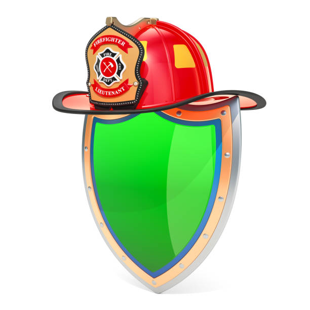 istock Shield with Firefighter Helmet, safety and protect concept. 3D rendering isolated on white background 1031610326