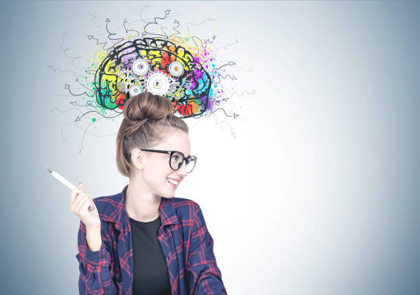 istock Cheerful young hipster woman, cog brain 1031612964