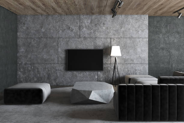 istock Concrete wall living room interior, TV set 1031613406