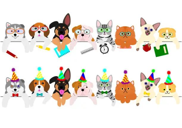 Vector illustration of cute puppies and kitties border set with school items and with party hats and ties