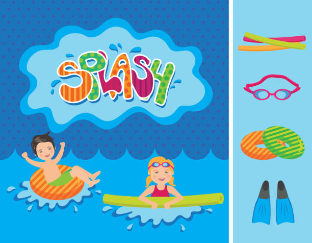 ilustraciones, imágenes clip art, dibujos animados e iconos de stock de piscina splash party pack niños - aleta equipo de buceo
