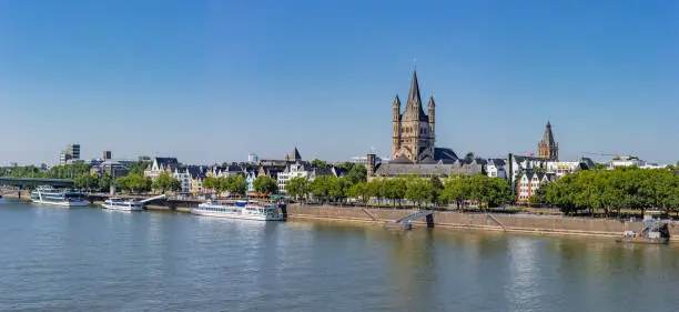 Rhine River and Church of Great Saint Martin in Cologne