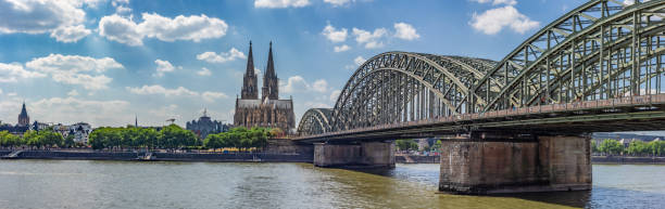 Cologne Panoramic View with Hohenzollern Bridge over Rhine River Cologne Panoramic View with Hohenzollern Bridge over Rhine River cologne photos stock pictures, royalty-free photos & images