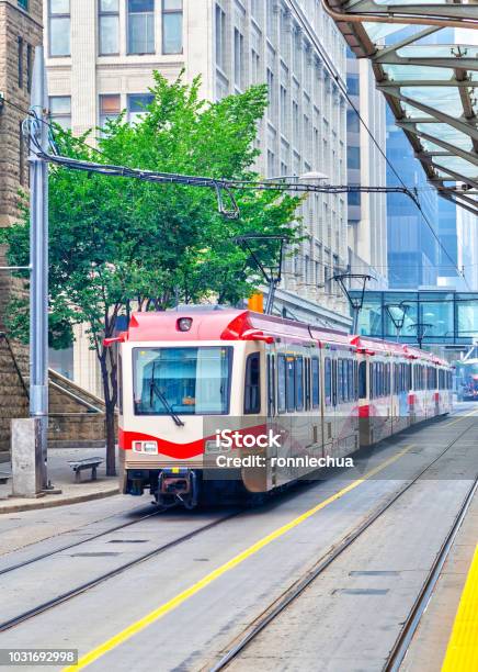 Public Transit Train In Downtown Calgary Stock Photo - Download Image Now - Calgary, Transportation, Travel