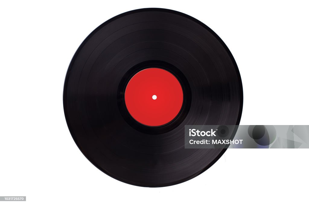 Vinyl vynil record play music vintage. Vinyl 33rpm record with red label. With clipping path. Record - Analog Audio Stock Photo