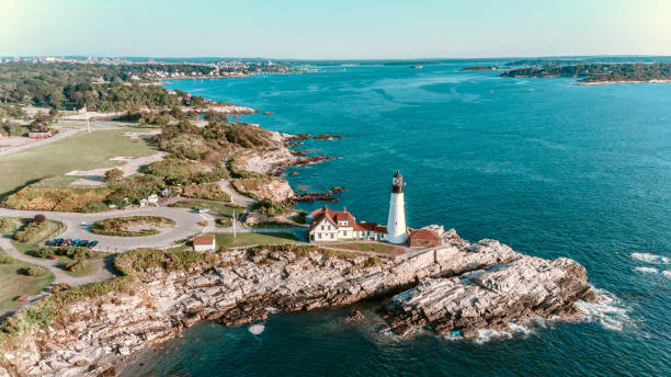 Aerial View Portland Head Lighthouse Maine USA Aerial View Portland Head Lighthouse Maine USA new england usa stock pictures, royalty-free photos & images