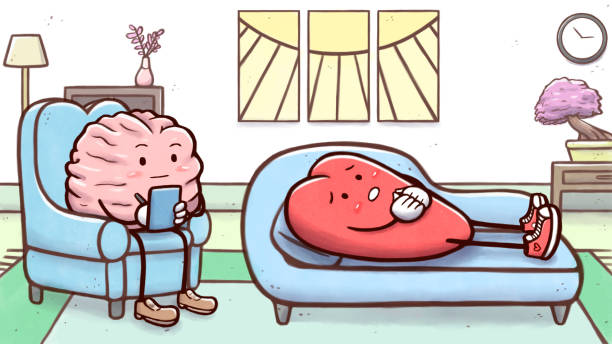 ilustraciones, imágenes clip art, dibujos animados e iconos de stock de cerebro de psicólogo en una sesión de terapia con un corazón paciente en cama - therapy mental illness behavior mental health