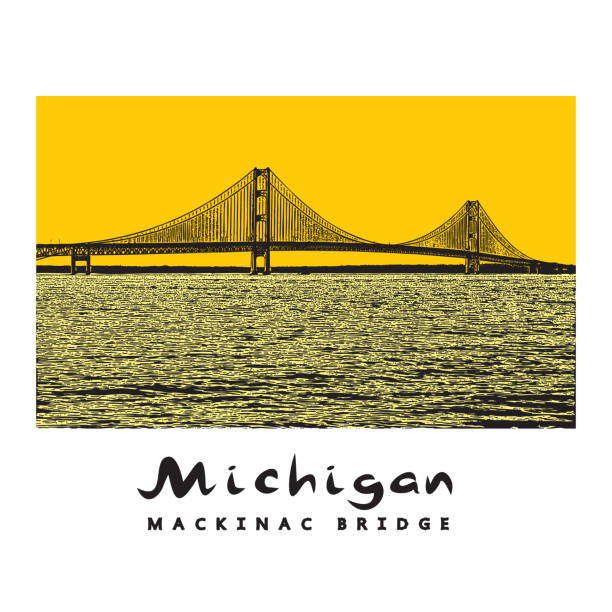 Mackinac Bridge - modern architecture construction in Michigan. Beautiful vector illustration of a long steel suspension bridge located in North America. mackinac bridge bridge black and white usa stock illustrations