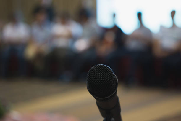 istock microphone in meeting room, Background blur 1031775772
