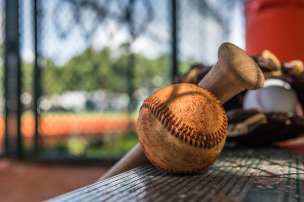 fine partita - baseballs baseball grass sky foto e immagini stock