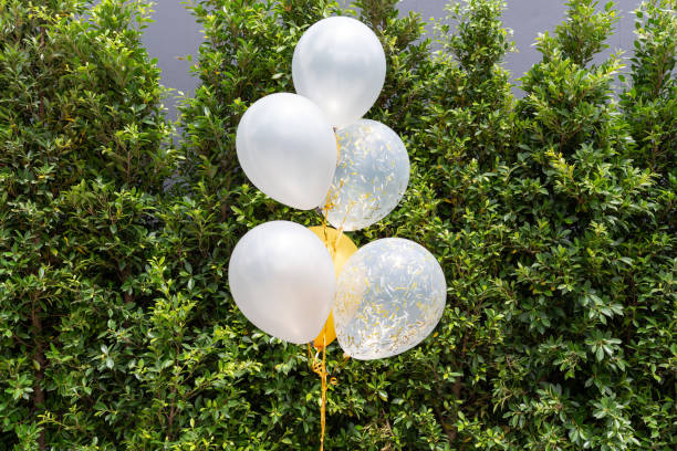 istock white and yellow balloons in party with tree background. 1031780772