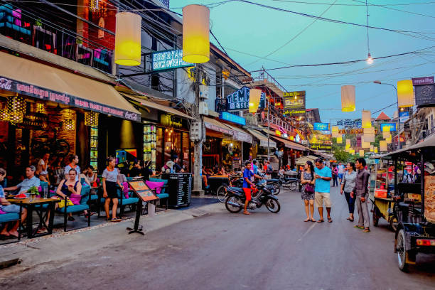 unacquainted People in Pub street in Siem reap cambodia unacquainted People walking in Pub street in Siem reap cambodia cambodia food stock pictures, royalty-free photos & images