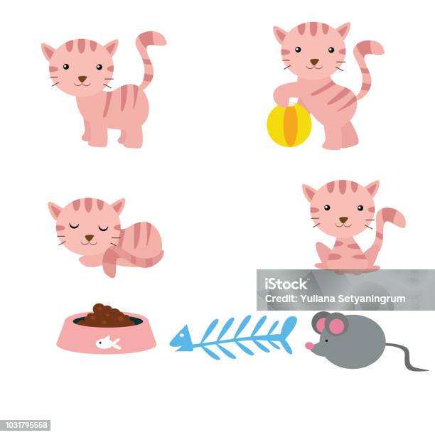Variation Cute Little Cats In Various Poses Cartoon Character Stock Illustration - Download Image Now