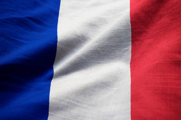 closeup of ruffled france flag - french flag imagens e fotografias de stock