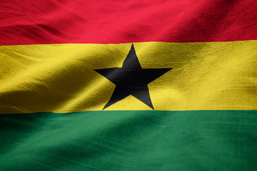 Closeup of Ruffled Ghana Flag, Ghana Flag Blowing in Wind