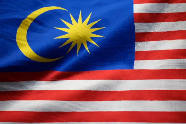 Closeup of Ruffled Malaysia Flag, Malaysia Flag Blowing in Wind