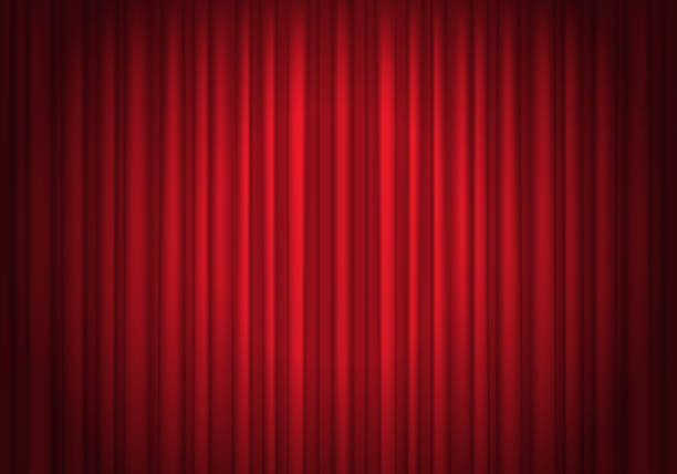Surtain 3 Red curtains background illuminated by a beam of spotlight. Vector illustration. hollywood stock illustrations