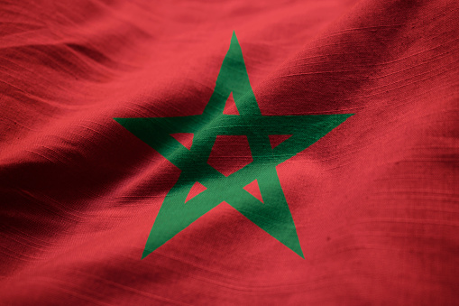Closeup of Ruffled Morocco Flag, Morocco Flag Blowing in Wind