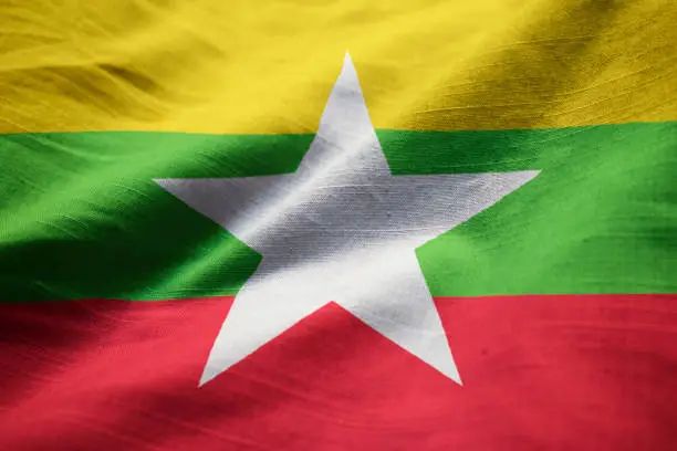 Closeup of Ruffled Myanmar Flag, Myanmar Flag Blowing in Wind