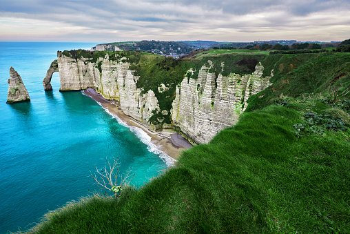 horizontal nature background, landscape in Etretat in spring day.