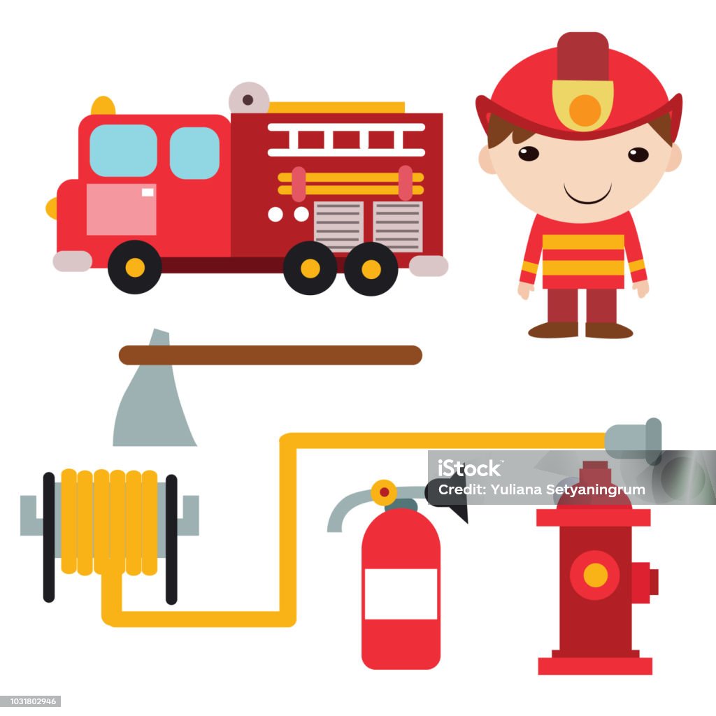 Cute Little Firefighter With Variation Of Fire Fighting Equipment Cartoon  Character Stock Illustration - Download Image Now - iStock