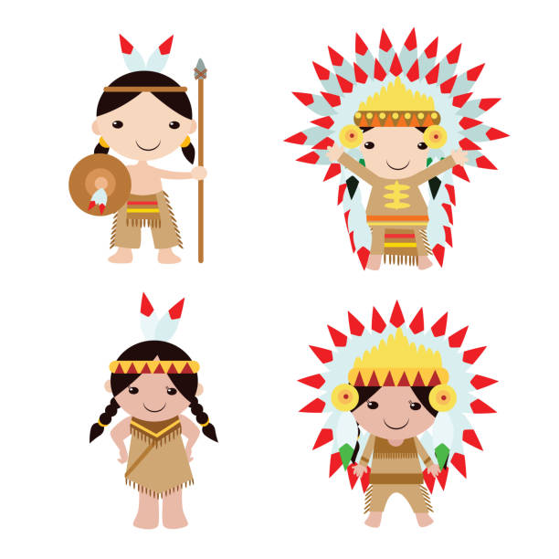 ilustrações, clipart, desenhos animados e ícones de variação de giros criancinhas indianas com pena do arnês, personagem de desenho animado - indian culture child little girls indigenous culture