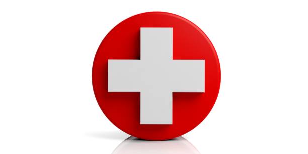 3d rendering white cross on red base and white background - medical cross imagens e fotografias de stock