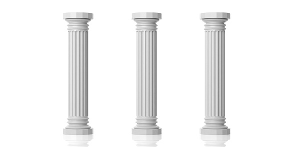 3d rendering three white marble pillars on white background