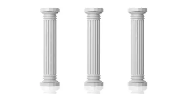 3d rendering three white marble pillars on white background