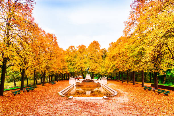 ver en otoño paisaje de padre rin fuente en munich - artfull fotografías e imágenes de stock