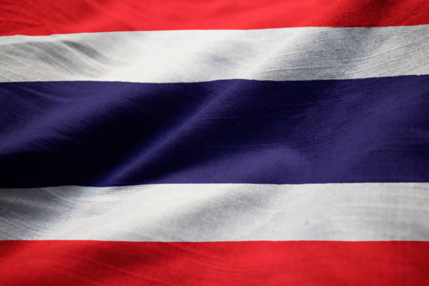 Closeup of Ruffled Thailand Flag Closeup of Ruffled Thailand Flag, Thailand Flag Blowing in Wind thai flag stock pictures, royalty-free photos & images