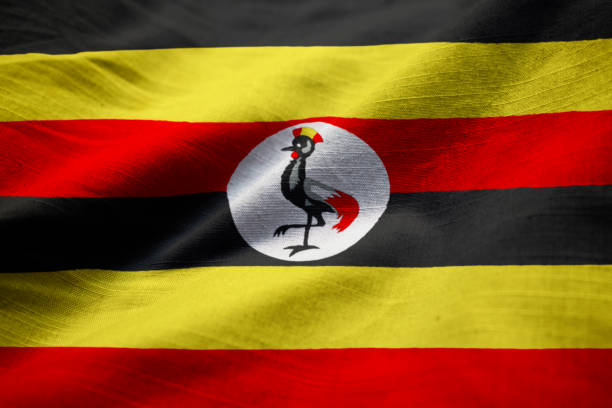 Closeup of Ruffled Uganda Flag, Uganda Flag Blowing in Wind