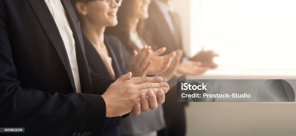 Business people hands applauding at meeting Closeup of business people hands clapping at conference Awards Ceremony Stock Photo
