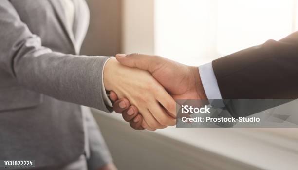 Business Man And Woman Shaking Hands Stock Photo - Download Image Now - Handshake, Business, Businesswoman