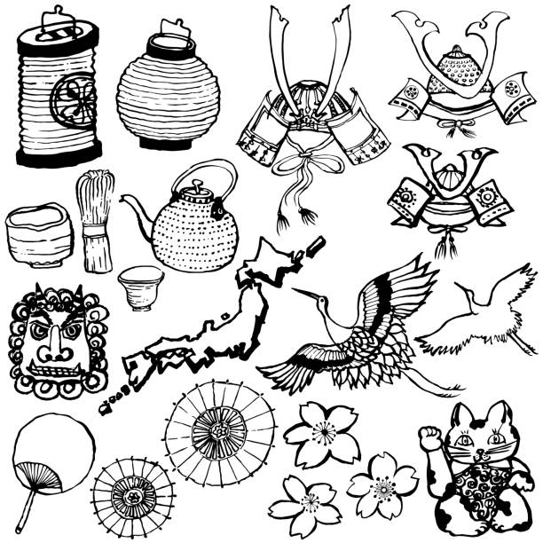 Japanese sightseeing illustrations. hand drawn illustrations. Set of Japanese tourist attractions. hannya stock illustrations
