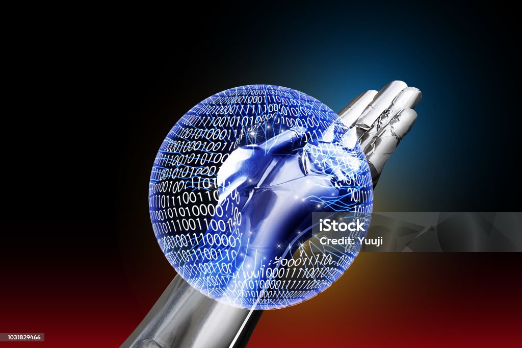 Binary Numbers Robotics Robot Hand Binary Code And Electronic Circuit Diagram Written On A ...