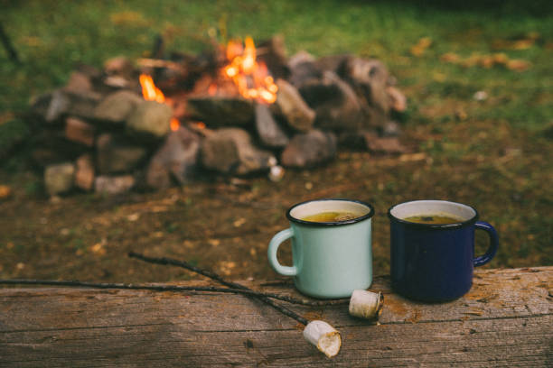istock two metal cups with tea and marshmallows. fire on background 1031837554