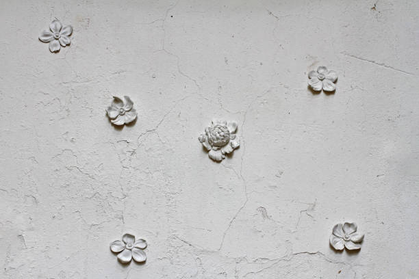 Old white rough wall with gypsum flowers as background or texture