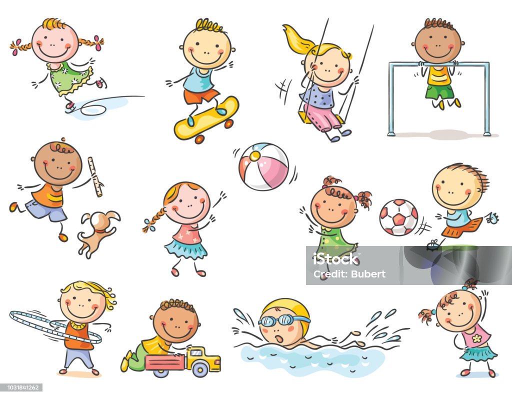 Set Of Cartoon Kids Outdoor Activities Sports And Games Stock Illustration  - Download Image Now - iStock