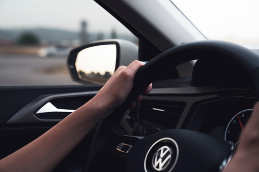 Istanbul / Turkey- September 6, 2018: Interior of second generation Volkswagen Polo, Comfortline. Compact crossover vehicle manufactured by German automaker Volkswagen, steering wheel with logotype