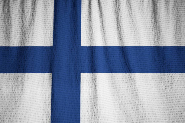 Closeup of Ruffled Finland Flag, Finland Flag Blowing in Wind