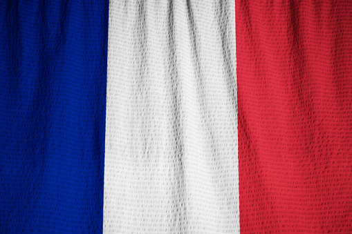 Closeup of Ruffled France Flag, France Flag Blowing in Wind