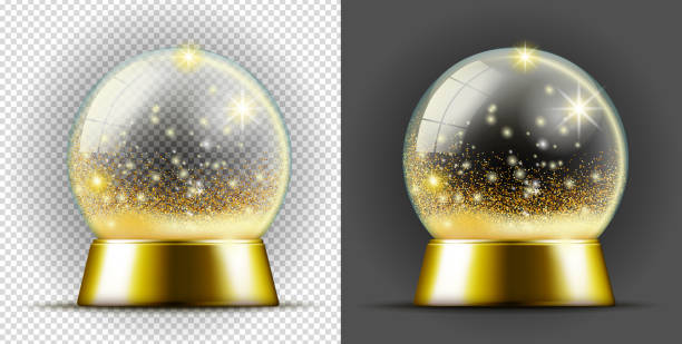 현실적인 투명 골드 스노우 볼 - snow globe dome glass transparent stock illustrations
