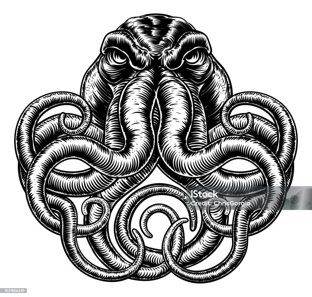 Octopus Vintage Retro Style An original illustration of an octopus or cthulhu monster in a vintage woodblock or woodcut retro style. Monster - Fictional Character stock vector