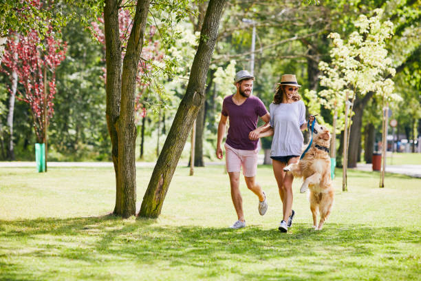 joven pareja corriendo y jugando con su perro al aire libre en la mañana - couple young women cheerful outdoors fotografías e imágenes de stock
