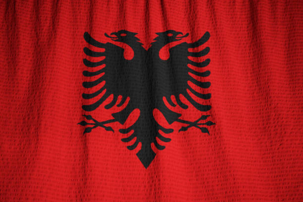 Closeup of Ruffled Albania Flag, Albania Flag Blowing in Wind