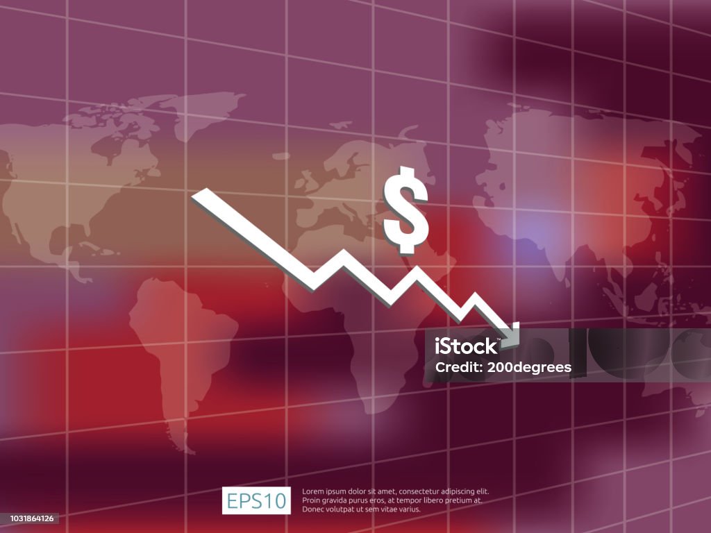 Dollar Money Fall Down Symbol With World Map And Blur Background Arrow ...