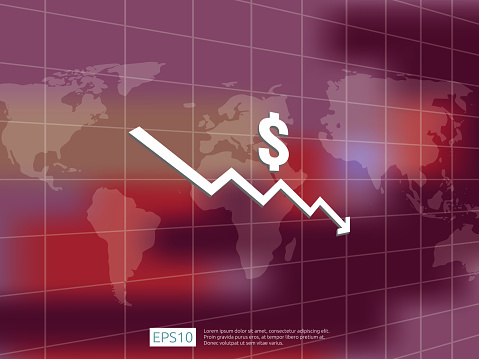Money Decrrease Dollar Money Fall Down Symbol With World Map And Blur Background Arrow ...