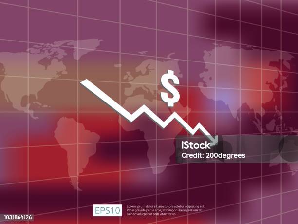 Dollar Money Fall Down Symbol With World Map And Blur Background Arrow ...