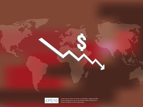 Money Decrrease Dollar Money Fall Down Symbol With World Map And Blur Background Arrow ...